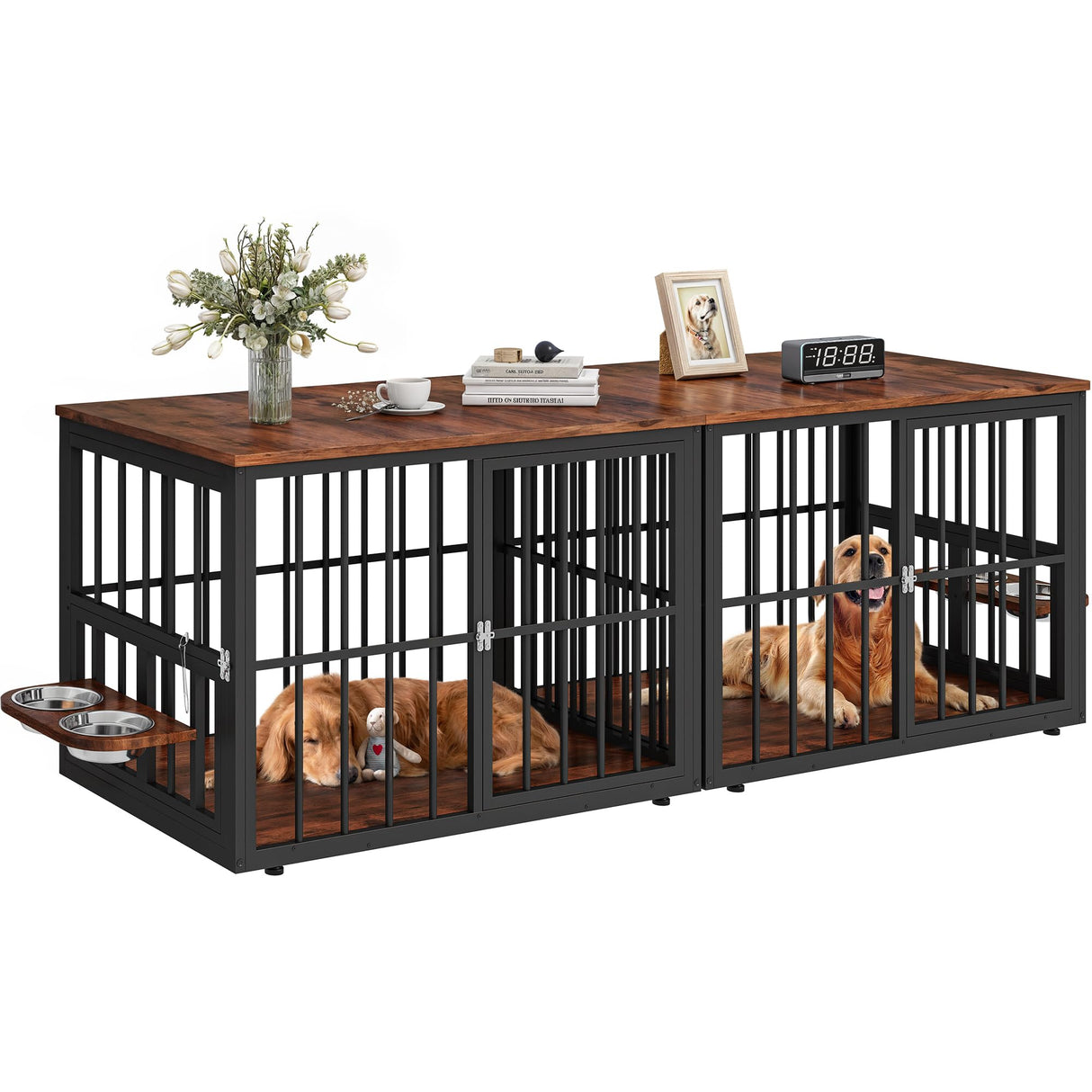 YITAHOME 88.6" Large Corner Dog Crate Furniture for 2 Dogs, Large Wooden Dog Kennel with Dog Bowls & 3 Doors, Large Double Dog Crate Furniture TV Stand for Medium Large Dogs, Brown YITAHOME