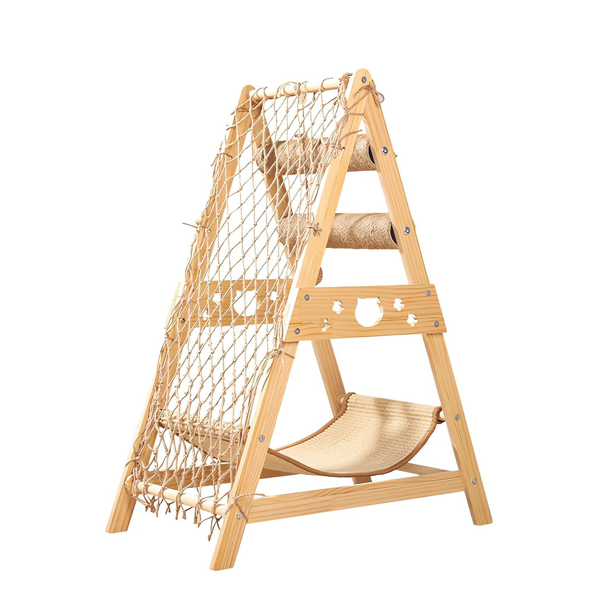 emopaw 34'' H Wooden Cat Tree, Triangle Design with Cat Hammock & Sisal Scratch Post & Feather Toys, Solid Wood Cat Tower for Kitten or Small Cat emopaw