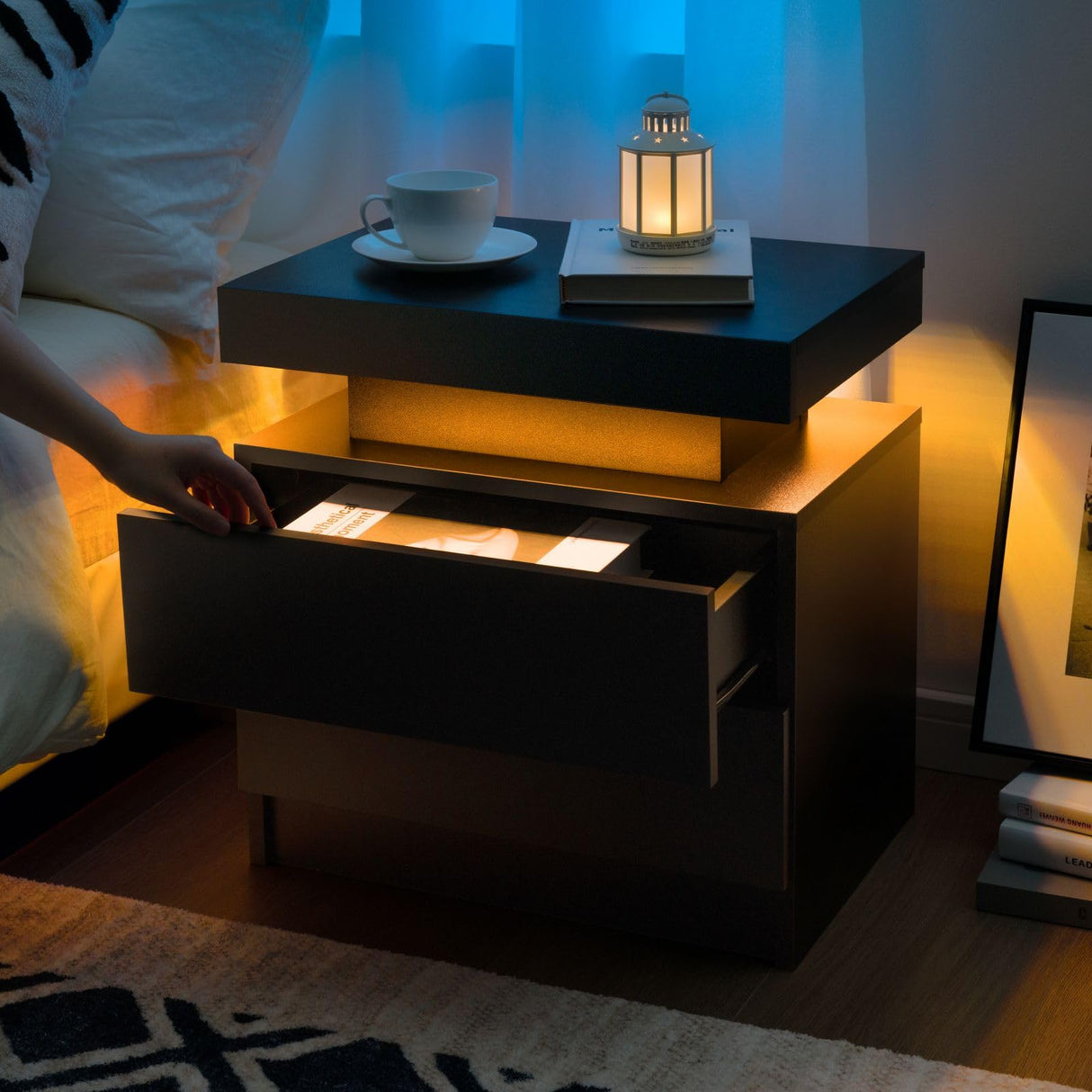 Cubehom Black Nightstand with LED Light Black Modern Bedside Table LED Nightstand with 2 Drawers End Side Table for Bedroom Generic