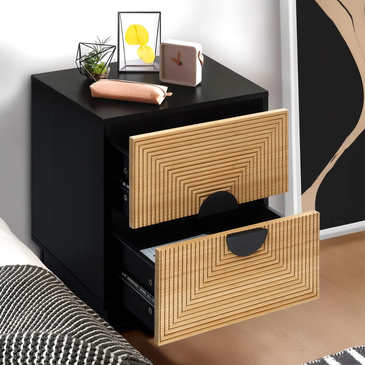 LuxenHome Night Stand, Mid Century Modern Nightstand with 2 Drawers, Boho Bedside Table with Bamboo Strips Pattern, Small End Tables Living Room or Bedroom, Small Side Table with Storage, Black/Brown LuxenHöme