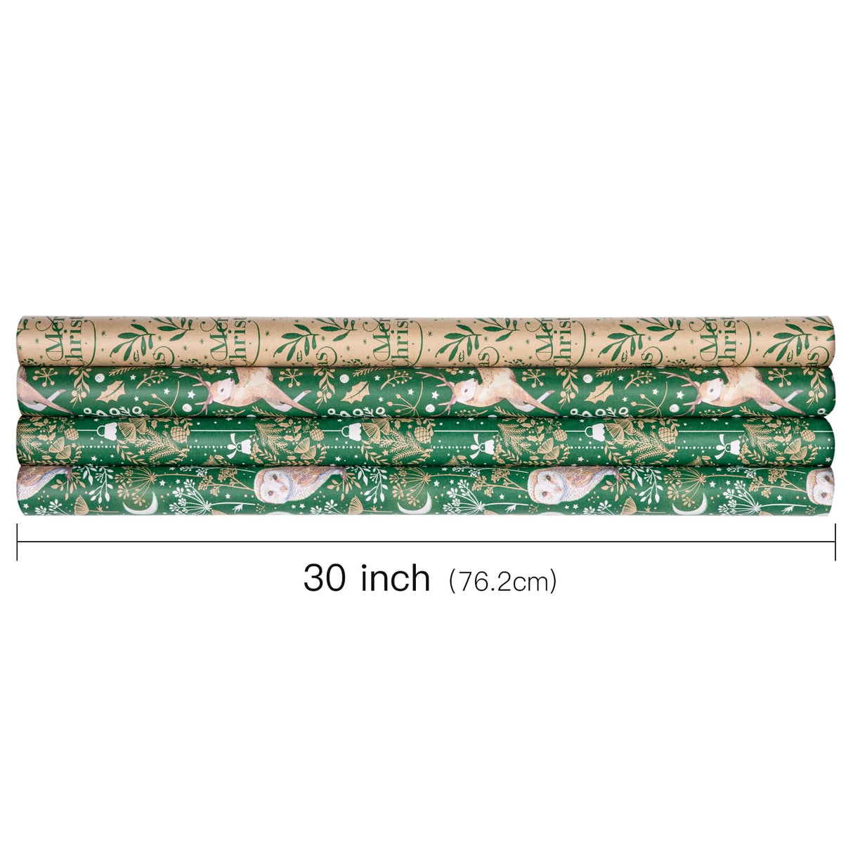 RUSPEPA Christmas Kraft Wrapping Paper - Owl, Reindeer, Christmas Ball and Text Design - 4 Rolls - 30 inches x 10 feet per Roll RUSPEPA