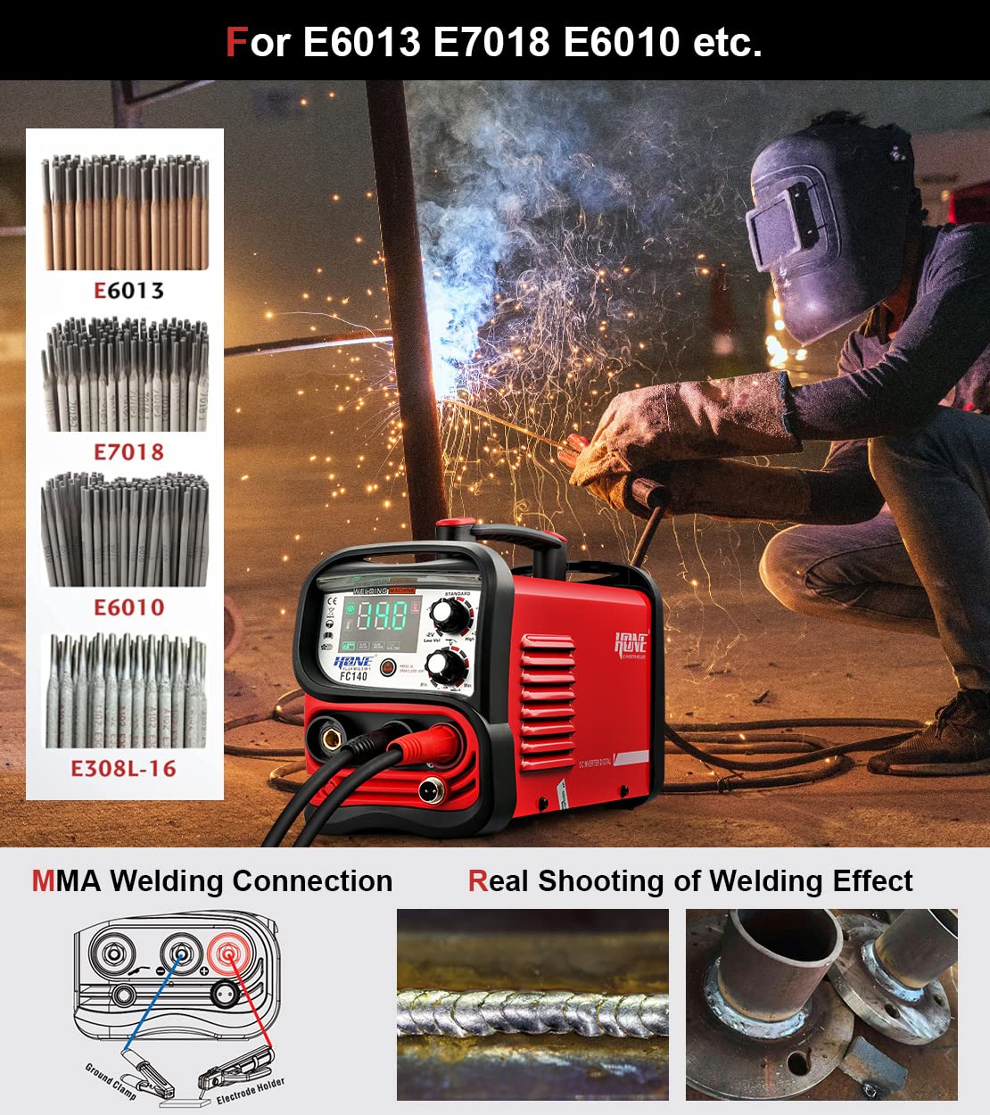 HONE MIG Welder 110V, Actual 140Amp Flux Core Welder/Stick Welder/Lift TIG 3 in 1 Synergic Welding Machine, Smart IGBT Inverter Large LED Display Gasless Wire Welder with Welding Gun HONE