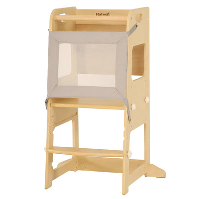 Bateso Basic Wooden Toddler Tower with Detachable Net, 3 Adjustable Height Toddler Kitchen Stool with Non-Slip Mats, Step Stool for Toddler, Toddler Step Stool for Kitchen Counter, Bathroom Sink