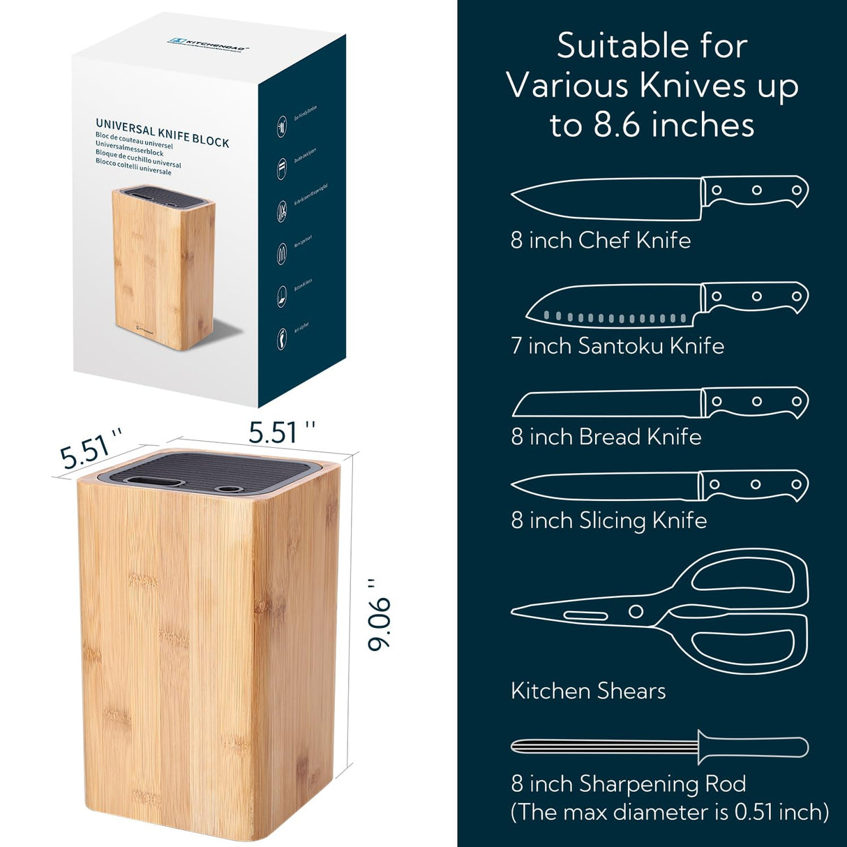 Deluxe Universal Knife Block with Slots for Scissors and Sharpening Rod - Eco-Friendly Bamboo Knife Holder For Safe, Space Saver Knives Storage - KITCHENDAO
