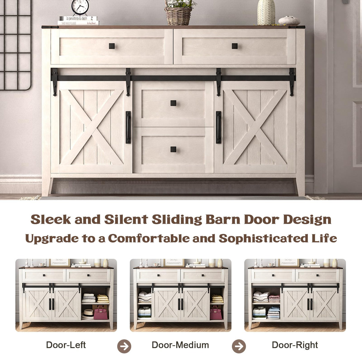 GlouMod Farmhouse Dresser for Bedroom, Sliding Barn Door Dresser with 4 Drawers Dresser Wood, White Dresser & Chest of Drawers, Kids Dresser TV Stand 47" GlouMod