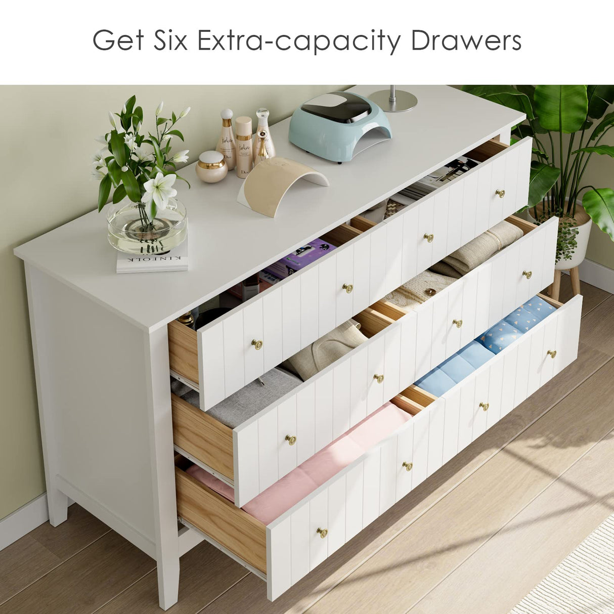 FOTOSOK White Dresser, Chest of Drawers, Modern 6 Drawer Double Dresser with Deep Drawers, Wide Storage Organizer Cabinet for Living Room, Hallway FOTOSOK