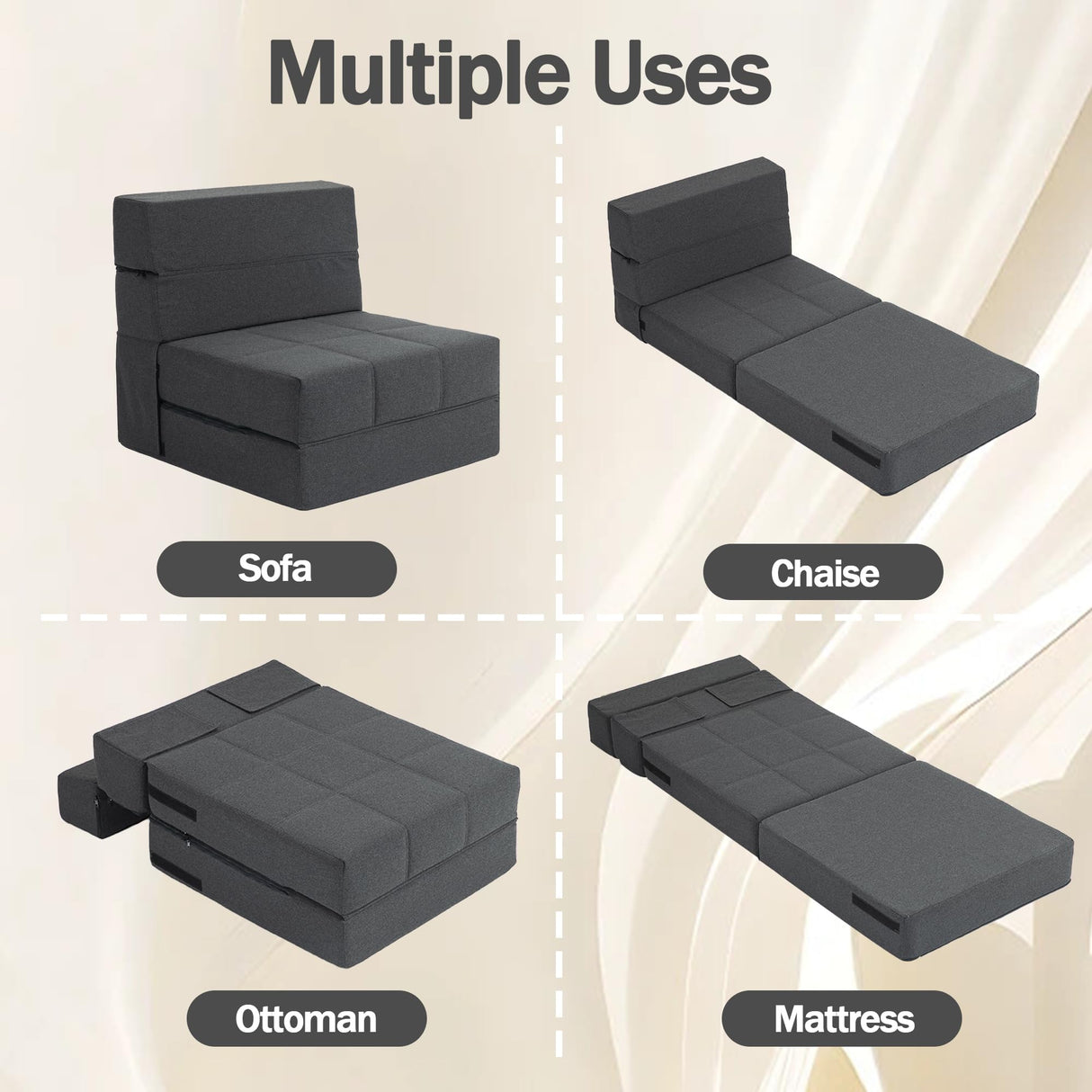 CATMIX Folding Sofa Bed, 7 inch Memory Foam Floor Couch, Convertible Sleeper Foldable Mattress Futon Sofa for Living Room/Home Office/Guest Beds/Apartment/Upstairs Loft (Dark Gray, Single) CATMIX