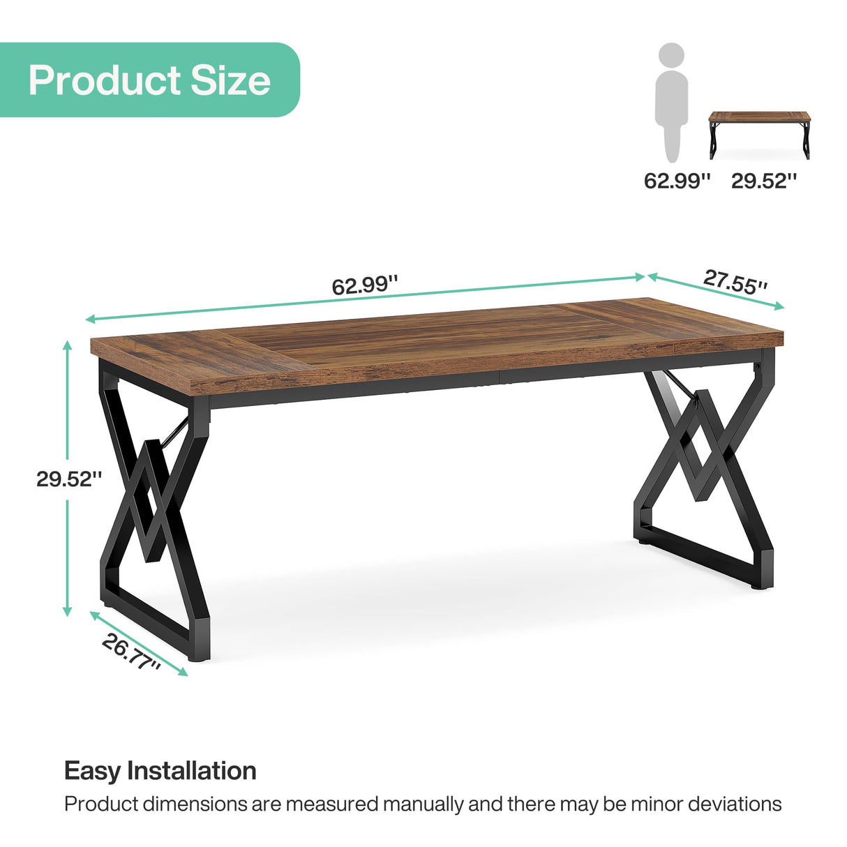 Tribesigns Executive Desk, Office Desk with Extra Thickened Wooden Tabletop and Metal Frame, Large 63 Inches Computer Desk Writing Table Study Desk for Home Office, Rustic Brown Tribesigns
