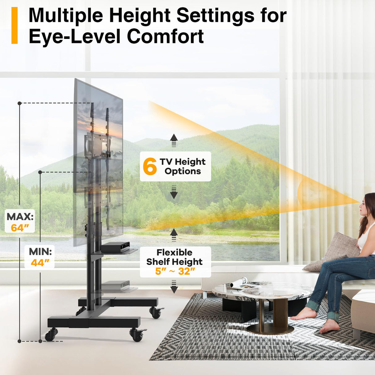 TVON Rolling TV Stand for 32-83 inch Flat Screen/Curved TVs up to 110 lbs, Height Adjustable Portable TV Stand on Wheels with Metal Laptop Shelf, TV Stands for Living Room, Home and Office Use TVON