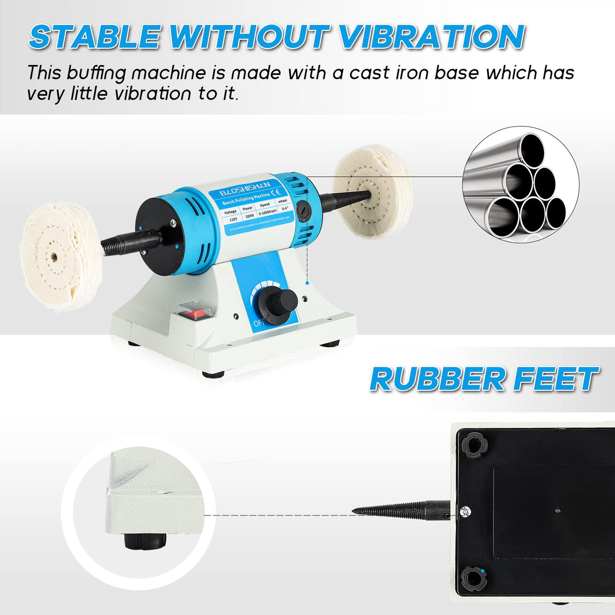BAOSHISHAN Bench Buffer Jewelry Polisher, with 3 Types Polishing Wheels, Variable Speed Benchtop Polishing Buffing Machine for Jewelry, Wood, Metal, Lathe, Jade (With Wheels 110V) BAOSHISHAN