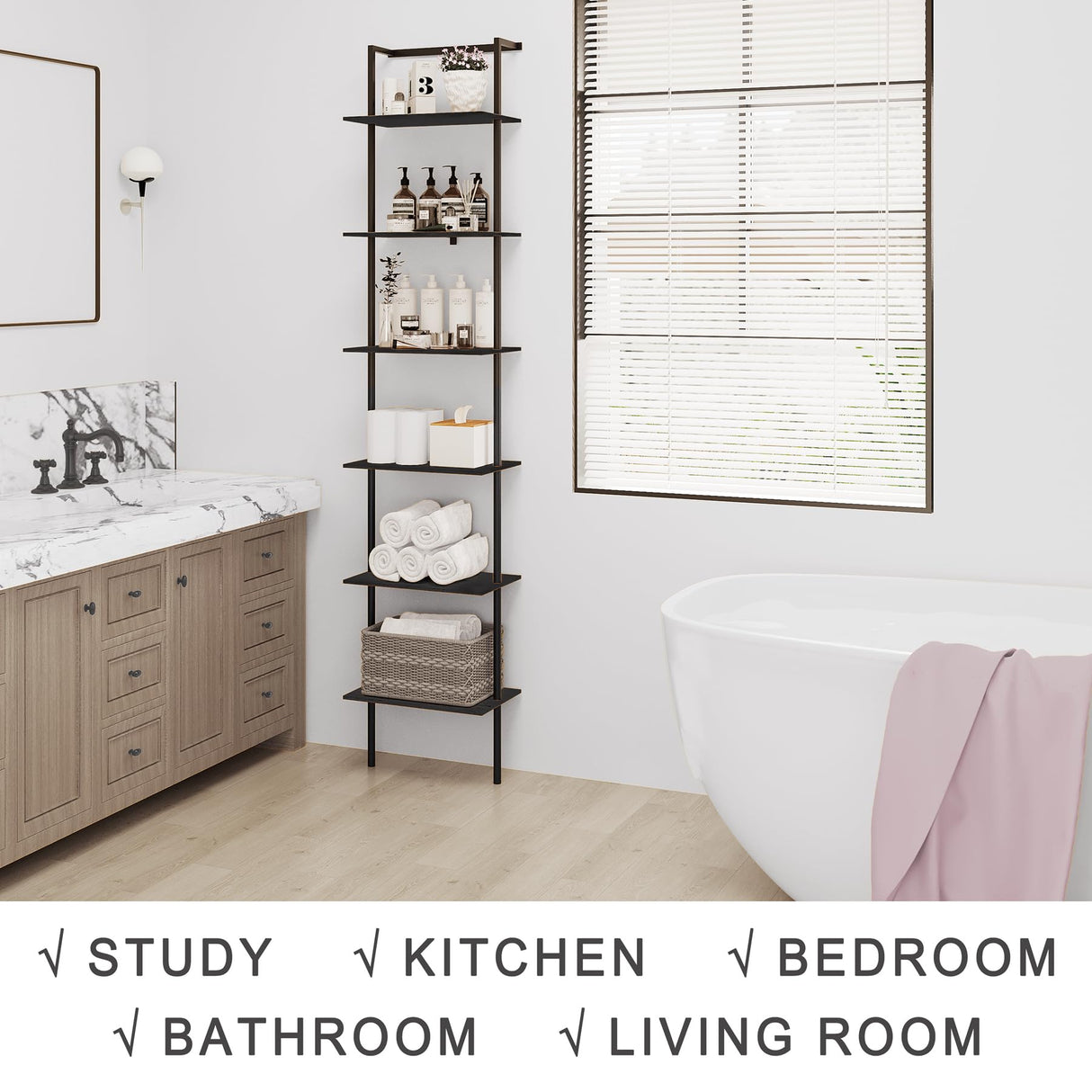 POBOMULI 6-Tier Ladder Shelf, 77 Inches Wall Mounted Ladder Bookshelf with Metal Frame, Wood Tall Open Storage Rack and Display Shelves for Home Office Bedroom Living Room, Black POBOMULI