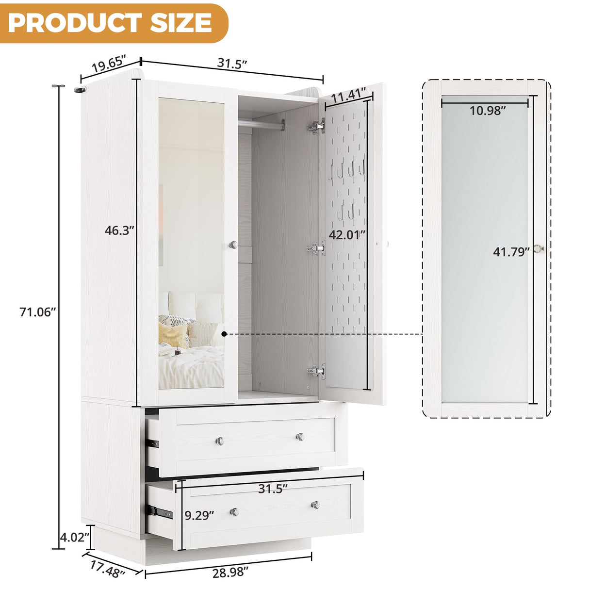 IRONCK Wardrobe Closet with LED Light & Mirror, Wooden Modern Armoire with 2 Drawers and Hanging Rod, Large Capacity Storage Closet for Bedroom, White IRONCK