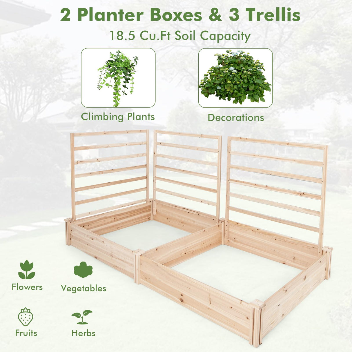 HAPPYGRILL Raised Garden Bed with 3 Trellises, Outdoor Wood Raised Bed w/ 2 Planter Boxes for Flowers, Vegetables, Fruits Climbing Vines, Elevated Garden Box for Yard Patio, 88" L x 45" W x 43" H HAPPYGRILL