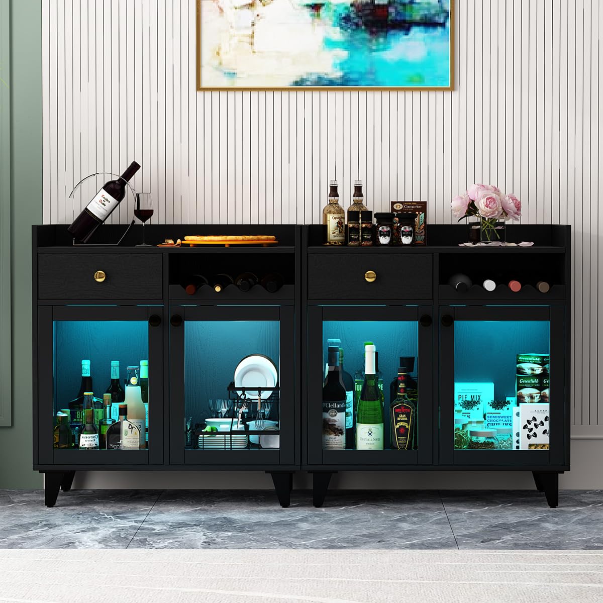 COCO DESIGN Small Wine Cabinet with Glass Doors, Modern Liquor Bar Cabinet with LED Light for Alcohol, Farmhouse Buffet Coffee Sideboard with Storage for Kitchen, Black COCO DESIGN