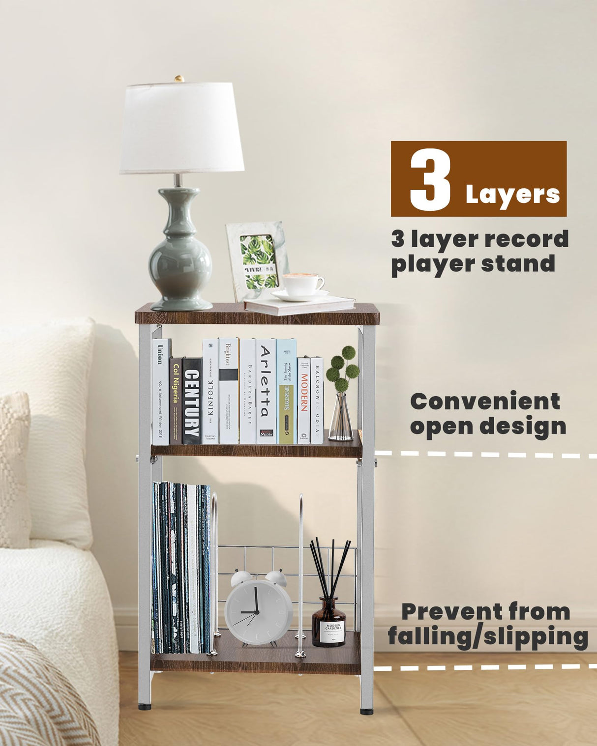 Tuohours Record Player Stand, 3 Tier End Side Table with Vinyl Record Storage Basket, Turntable Table up to 100 Albums Record Shelf Display Holder Cabinet for Living Room, Bedroom, Office Tuohours