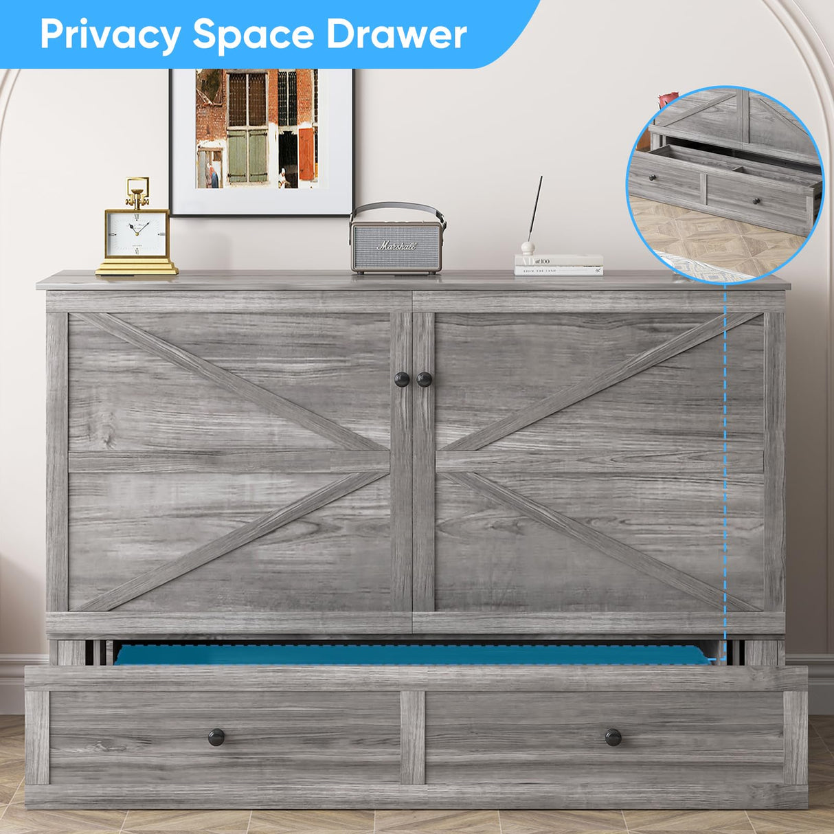 Mjkone Murphy Bed Queen Size Cabinet with Tri-Fold Memory Foam Mattress, USB Charging Station, Farmhouse Wood Space-Saving Hidden Folding Chest Cabinet Bed for Guest Room Apartment, Gray Mjkone