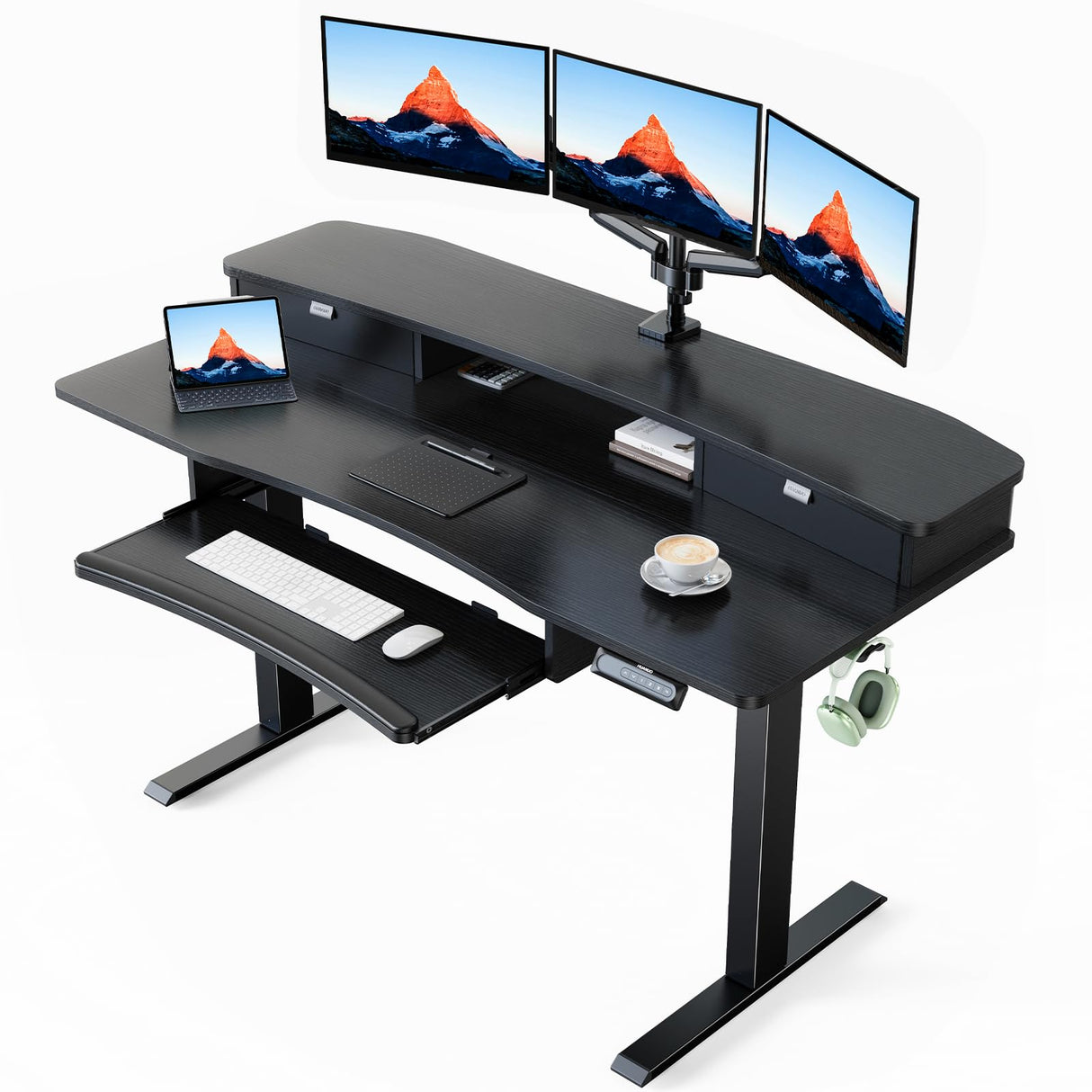 HUANUO 55" x 26" Electric Standing Desk with 2 Drawers & 26.7" Large Keyboard Tray, C-Clamp Mount Compatible, Adjustable Computer Desk for Home Office, Stand Up Desk with 4 Height Presets, Black HUANUO