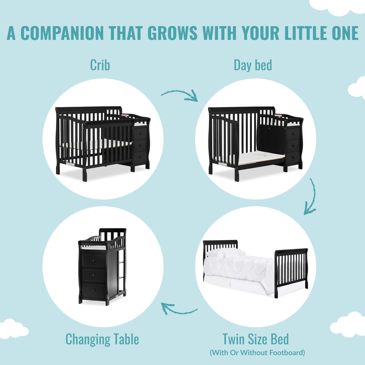 Dream On Me Jayden 4-in-1 Mini Convertible Crib And Changer in Black, Greenguard Gold Certified, Non-Toxic Finish, New Zealand Pinewood, 1" Mattress Pad Dream On Me