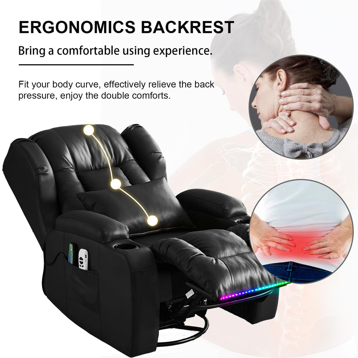 Oprisen Power Swivel Rocker Recliner Chair Home Theater Seating Electronic Glider Chair Upholstered Movie Gaming Reclining Sofa w/Heat Massage/LED Light/USB Port/Cup Holders/Pockets Oprisen