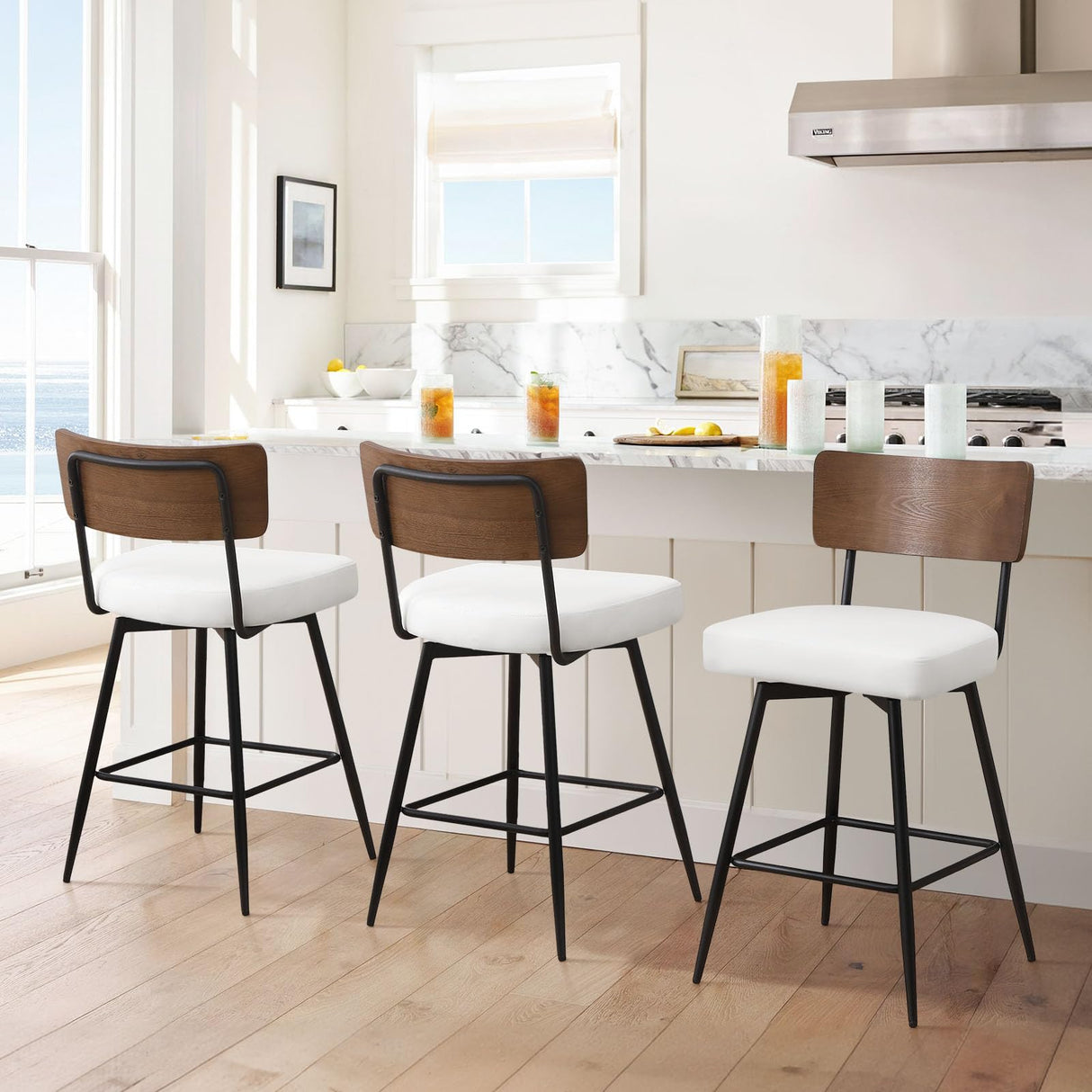 Bekrvio Counter Height Swivel Bar Stools Set of 3, Upholstered Faux Leather Barstools with Wood Backs and Metal Legs, 26" Seat Height Counter Bar Stool for Kitchen Island, White Bekrvio