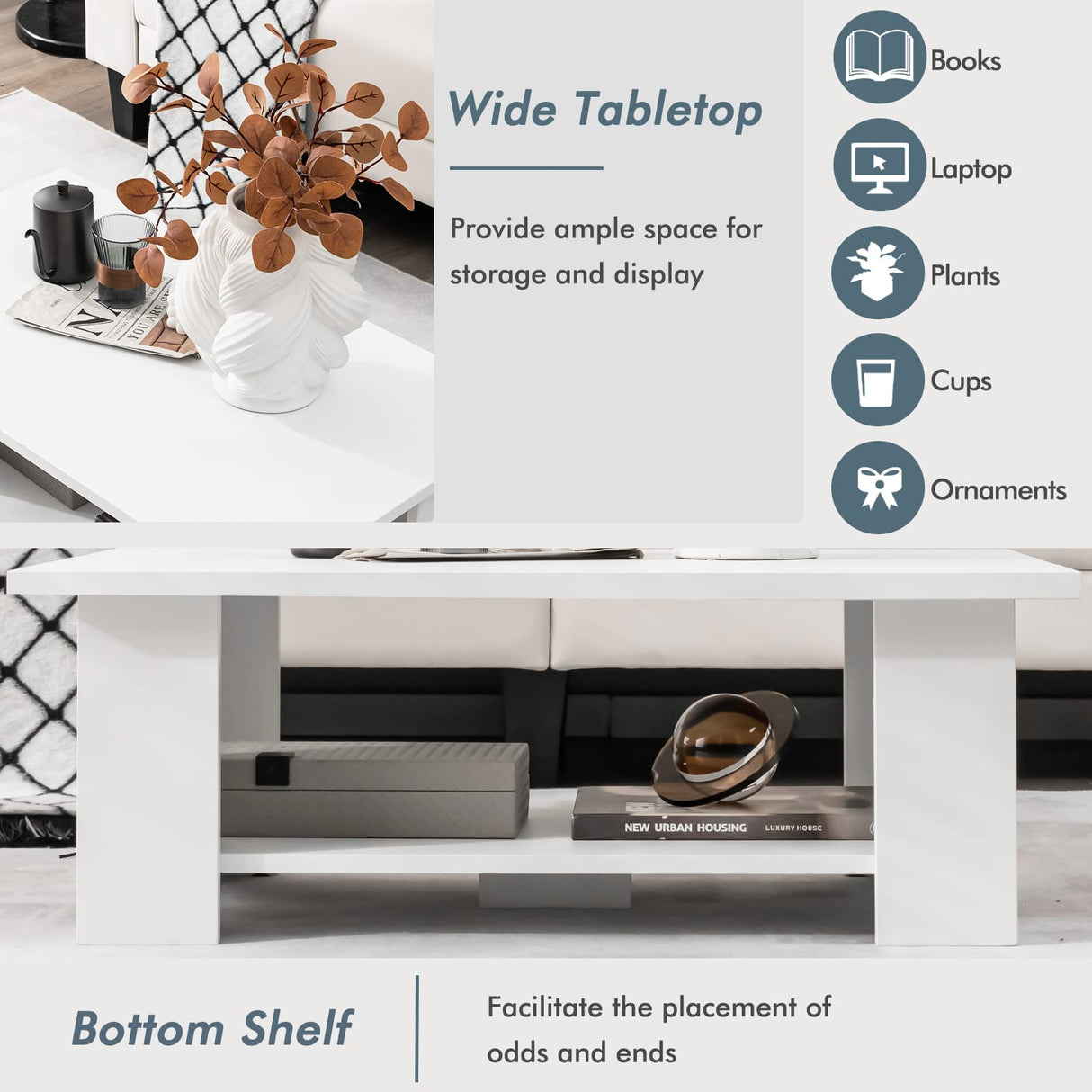 Tangkula 2-Tier Coffee Table, Modern Rectangular Center Cocktail Table with 5 Support Legs, Wooden Accent Living Room Furniture, Small Coffee Table for Small Spaces, Easy Assembly (White) Tangkula