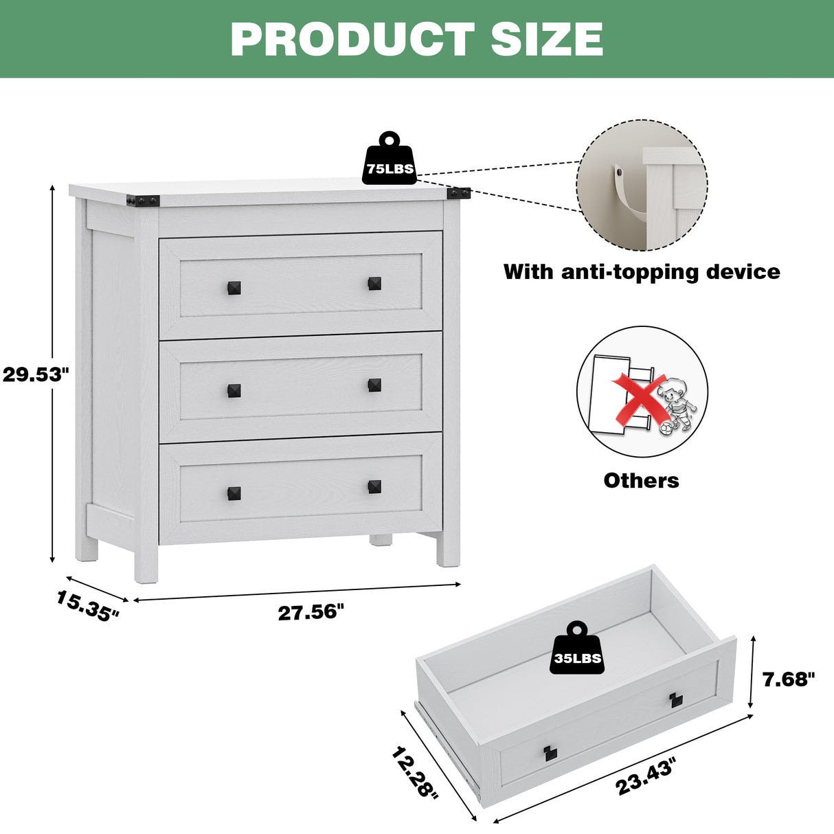 Dresser for Bedroom with 3 Drawers, Small Chests of Drawers, 27.55" Wide Farmhouse Wood Nightstand Bedside Cabinet End Table, Modern Closet Storage Organizer for Living Room, Entryway, Hallway, White Xixini