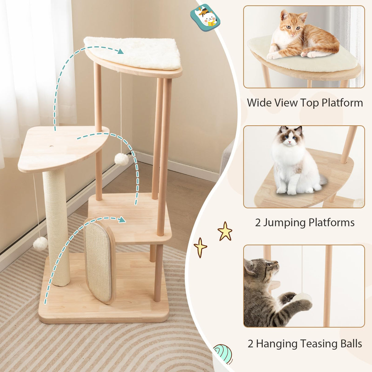 Tangkula Wood Cat Tree for Indoor Cats, Multi-Level Modern Cat Tower with Sisal Scratching Board & Post, Padded Perch, Platform, Hanging Toy, Minimalist Kitten Activity Center for Small & Medium Cats Tangkula