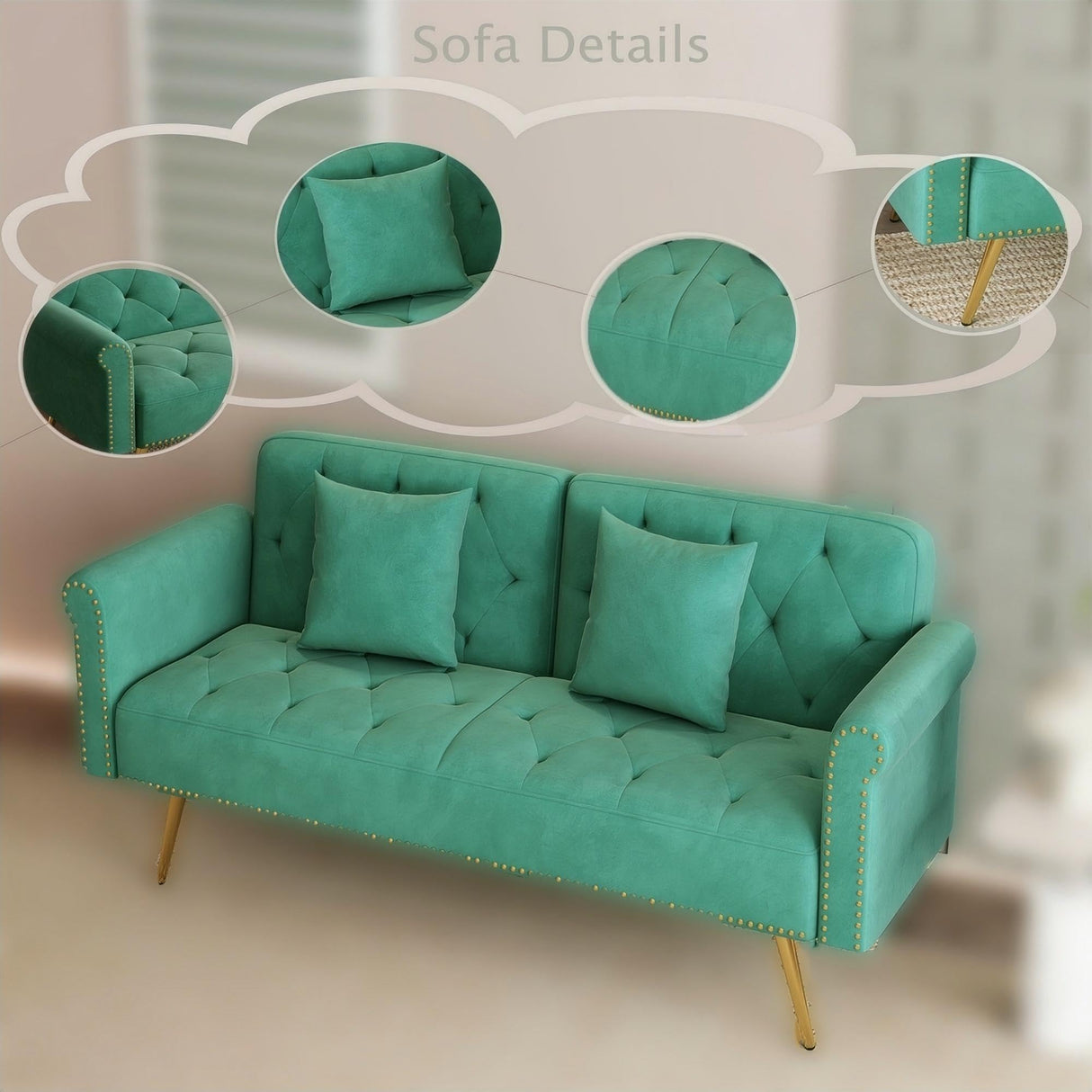 Modern Velvet 2 in 1 Futon Sofa Bed,Convertible Folding Sleeper Bed Couches with 2 Pillows,73" Tufted Recliner Love Seat with Golden Chrome Legs for Living Room Apartment Office (Green) Anwick