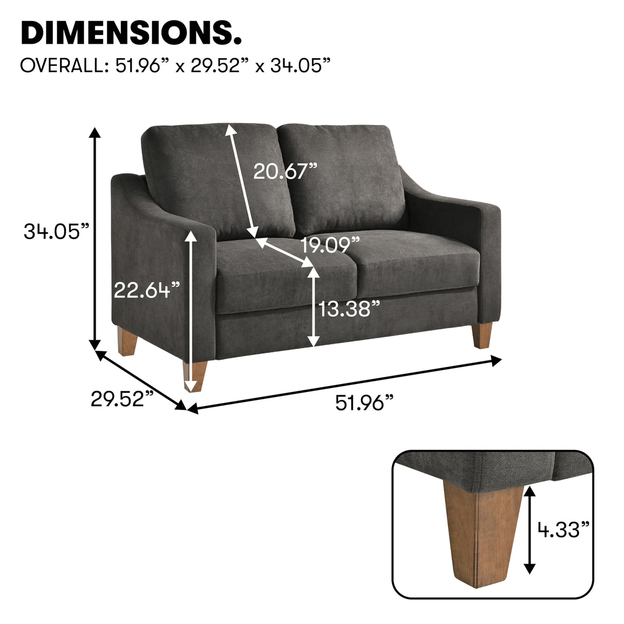 Serta® Armstrong 52" Soft Modern Sofa, Sloped Track Arms, Solid Wood Legs, Easy Assembly, Dream Coil® Comfort, Soft Woven Polyester Fabric, Gray Serta