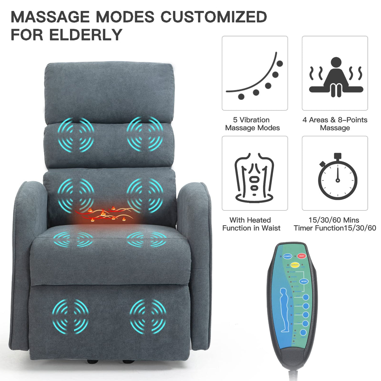 AVAWING Power Lift Massage Chair, Lift Recliner Chairs for Elderly, Electric Recliner W/Heat & Vibration, Linen Fabric Lift Chair with Side Pocket & USB Port for Living Room, Bedroom, Grey AVAWING