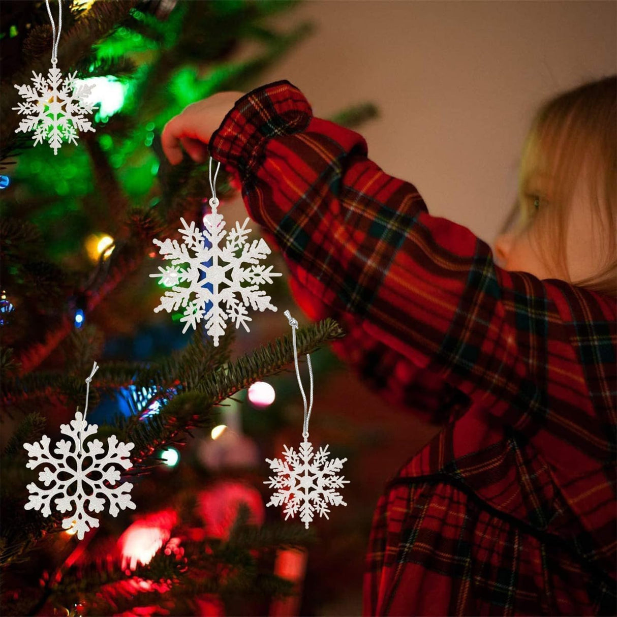 36pcs Snowflakes-Christmas Tree Decorations, Snowflake Ornaments for Tree, Plastic Glitter White Snow Flakes Ornaments, Christmas Indoor Winter Wonderland Decor kockuu