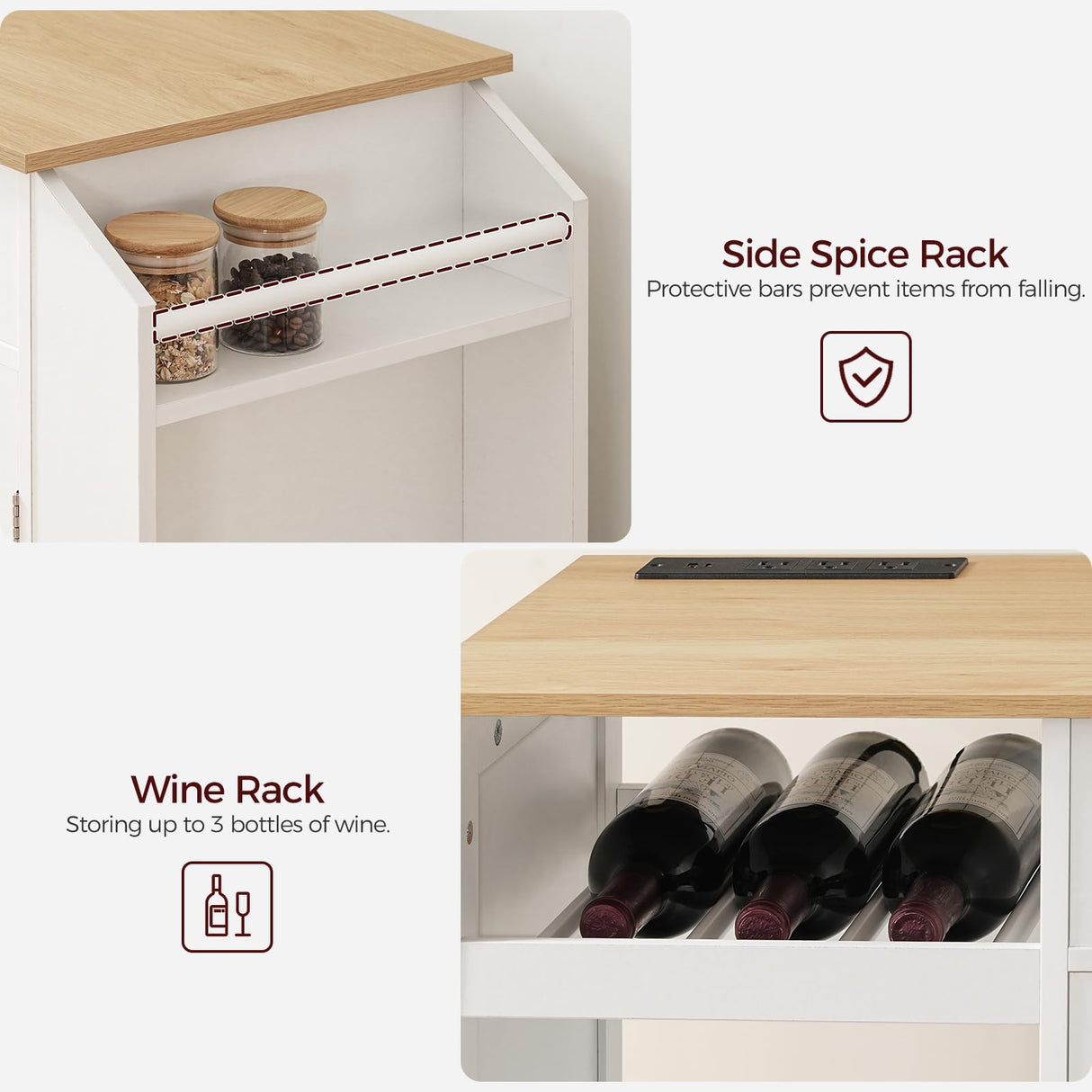 MAHANCRIS Kitchen Island with Power Outlet, Kitchen Storage Island with Drawer, Spice Rack, Towel Rack, Wine Rack, Rolling Kitchen Cart on Wheels, for Dining Room, White and Natural KINW122E01N1 MAHANCRIS