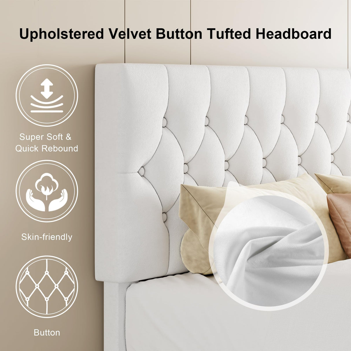 Feonase King Size Velvet Platform Bed Frame, Upholstered Bed with Button Tufted Headboard, Sturdy Wooden Slats & Heavy Duty Feet, No Box Spring Needed, Noise-Free, Easy Assembly, White Feonase