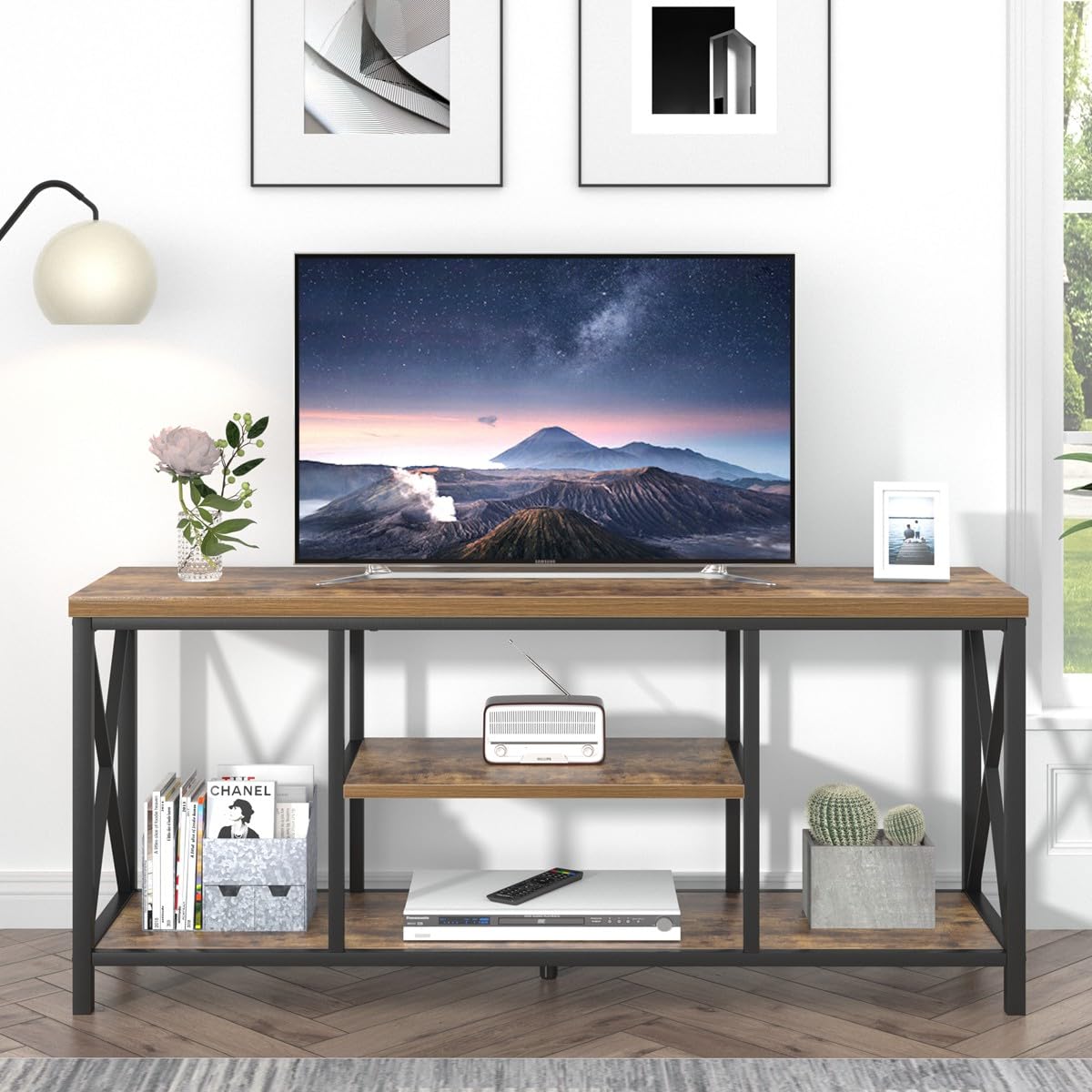 EXCEFUR 55 Inch TV Stand for Televisions up to 65 Inch, Modern Entertainment Center with Storage Shelves, Industrial Media TV Console for Living Room, Bedroom, Rustic Brown EXCEFUR