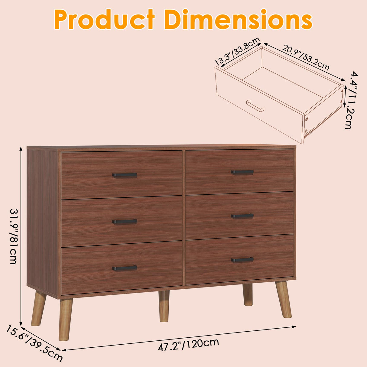 Bigbiglife Wood Dresser for Bedroom with 6 Drawer Mid Century Modern Dresser Double Chest of Drawer (Walnut Brown) Bigbiglife