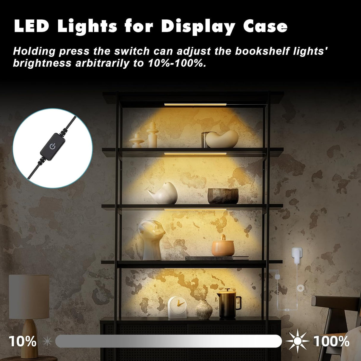 JUSJUBR Black Display Shelf Lighting, 4 Pack x12 Inch Display Lights for Display Case, LED Display Lights with Memory Function, Display Cabinet Lights for Pantry/Shelf/Case, Warm White 3000K JUSJUBR