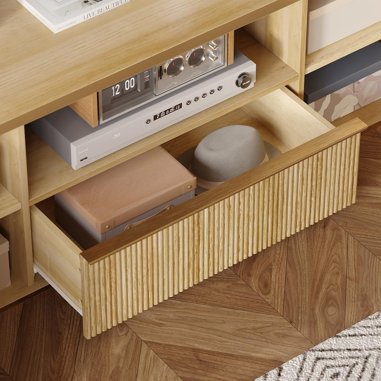 AIEGLE Farmhouse TV Stand with Fluted Surface, Entertainment Center Console Table with Open Storage & 2 Doors, 70" Wood Grain Media TV Console Cabinet for Living Room, Natural AIEGLE