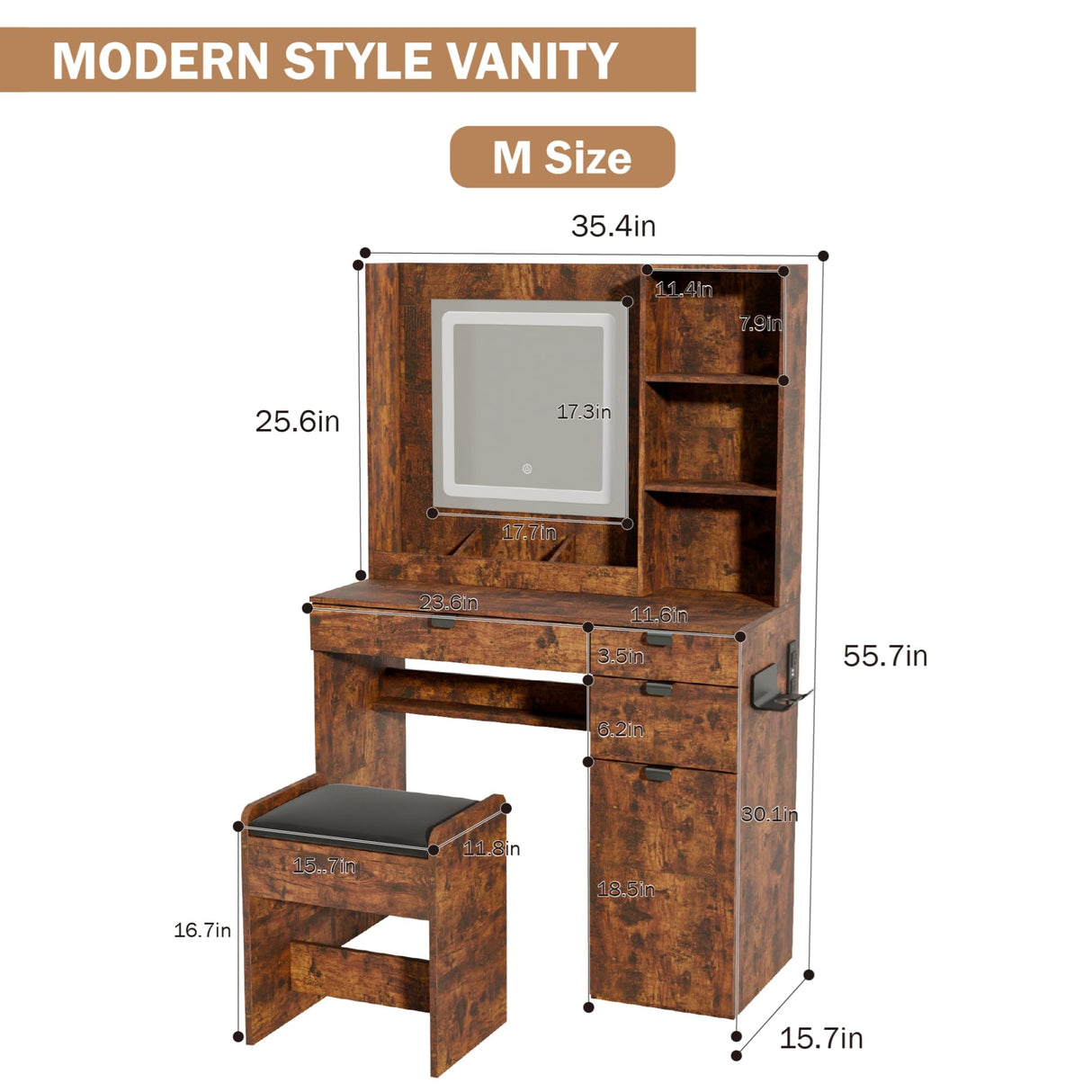 NEDYO Vanity with Mirror and Lights, Makeup Vanity Table Set, Dressing Table, Small Wood Vanity with Chair, Touch-Sensitive Dimmable Mirror, Shelves and Drawers. Industrial Style Vintage Brown NEDYO