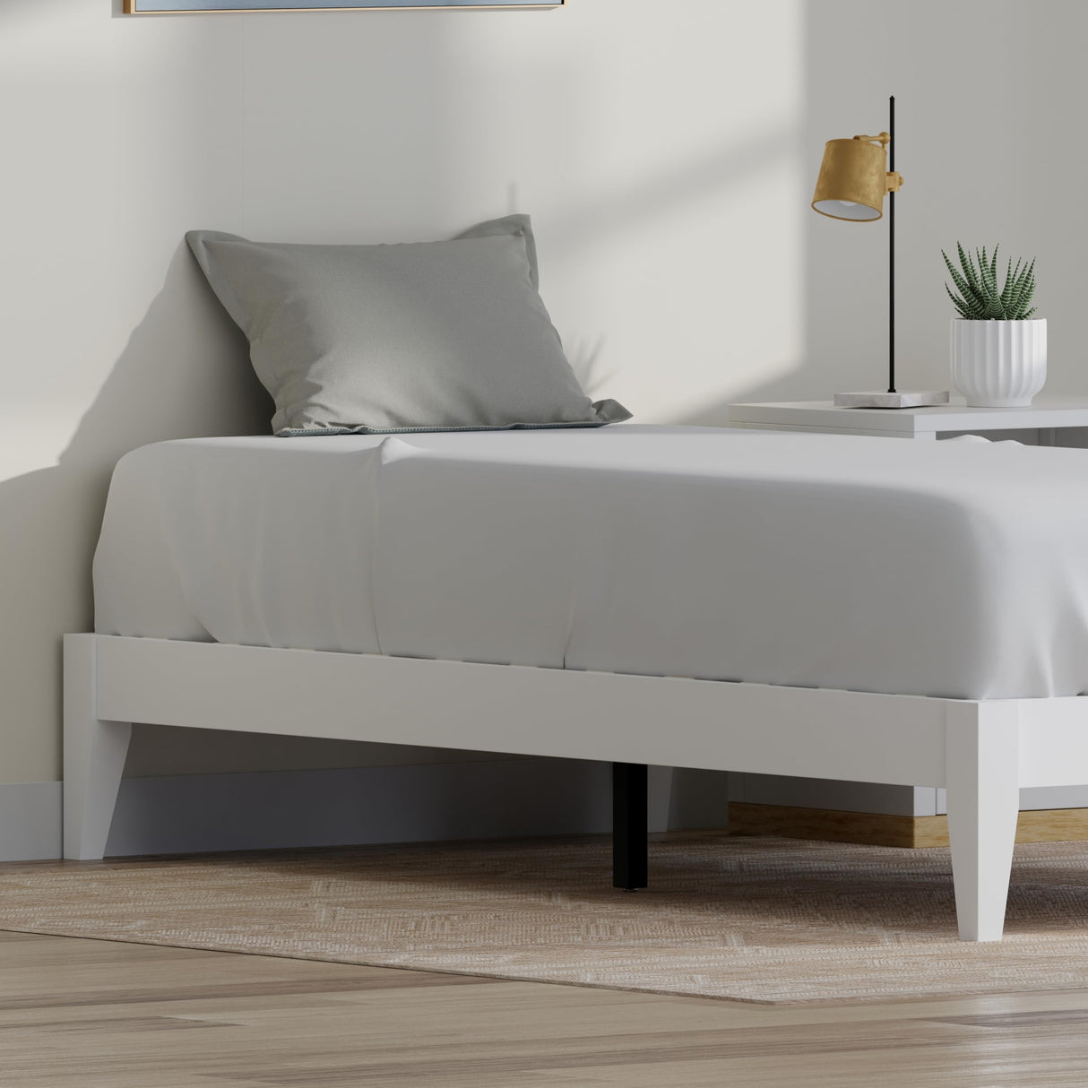 ComfIQ Solid Wood Platform Bed with Outset Legs (No Headboard) – Durable Frame, Easy Assembly, Ample Underbed Storage – Twin Size, White ComfIQ