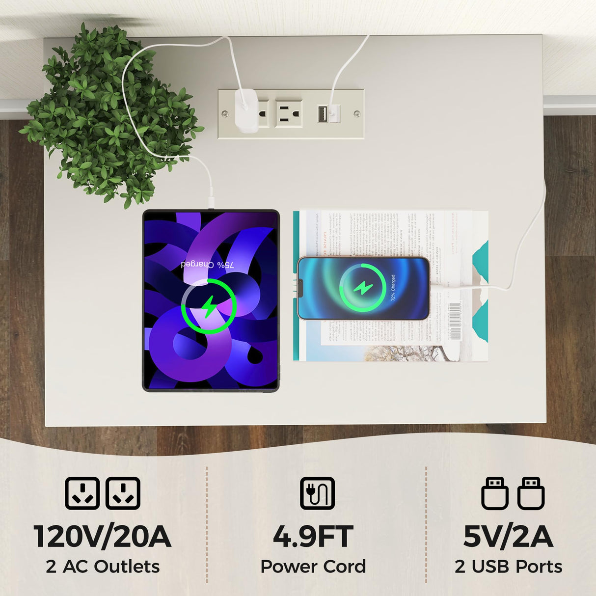 RoyalCraft White Nightstand with Charging Station, White Sofa Table with 2 Storage Drawers Cabinet, Tall End Table with Wooden Fluted-Design for Bedroom,Living Room, White RoyalCraft