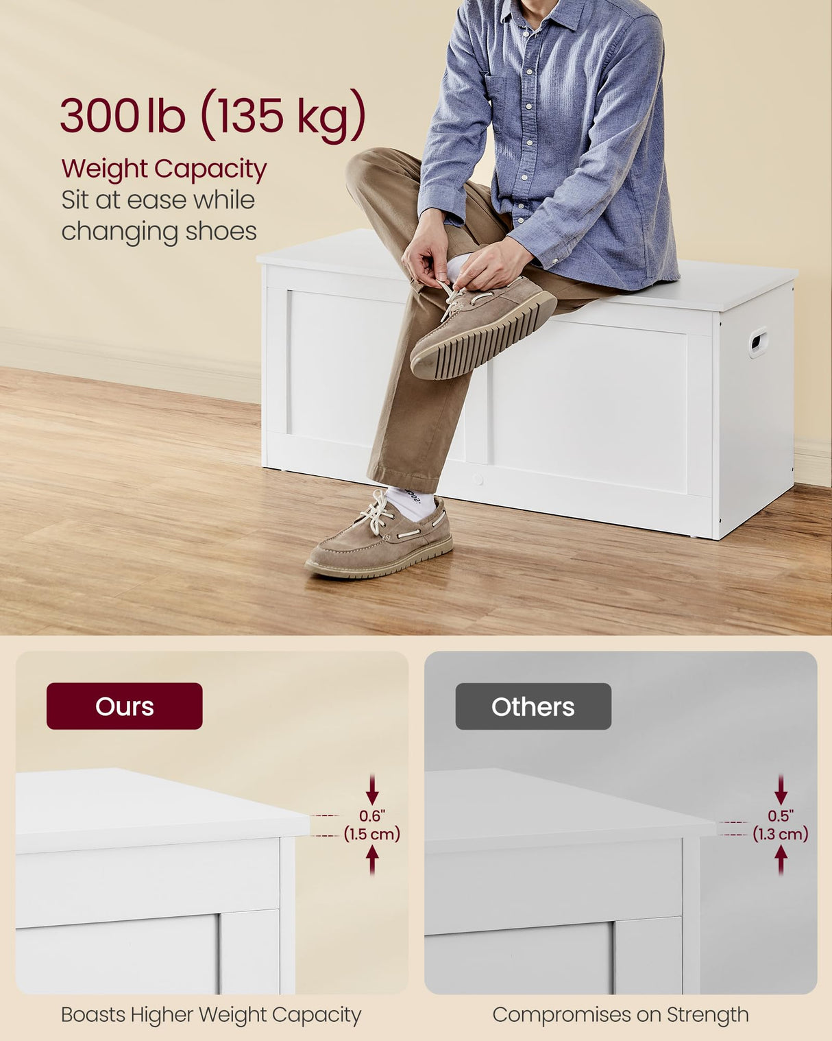 VASAGLE Storage Chest, Storage Trunk with 2 Safety Hinges, Storage Bench, Shoe Bench, Farmhouse Style, 15.7 x 39.4 x 18.3 Inches, for Entryway, Bedroom, Living Room, Cloud White ULSB164W01 VASAGLE