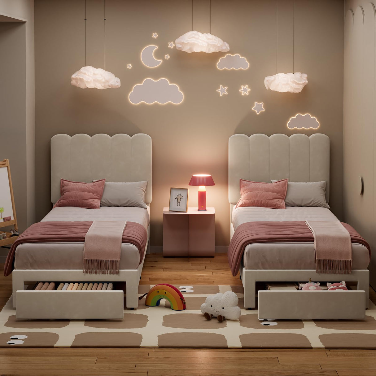 IDEALHOUSE Twin Bed Frame with Storage Drawer and Headboard, Velvet Upholstered Twin Platform Bed Frame for Girls, Strong Wooden Slats Support, Noise-Free, Easy Assembly (Beige) IDEALHOUSE