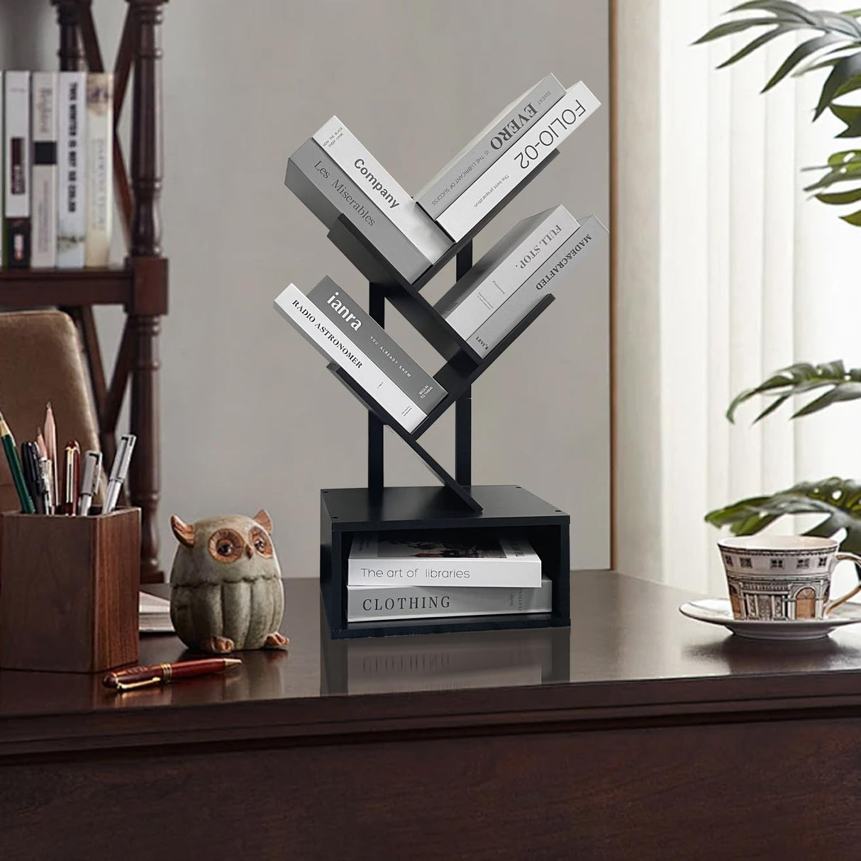 Bamboo 4 Tree Bookshelf Small Bookcase Free Standing Wood Bookcase for Narrow Space Modern Book Storage Rack for Books/Movies/CDs Narrow Display Rack for Living Room Home Office (Black, 4-Tier) Sholramo