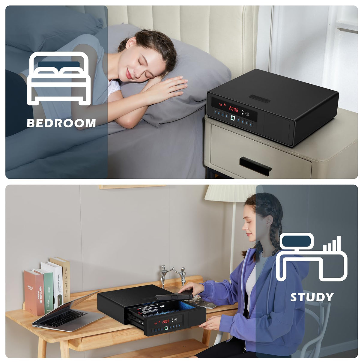 Z ZLJUAN Sliding Away Pistol Handgun Safe for Two Pistols,Quick Access Gun Safe with LCD Display of Time,Low Battery Warning,Unlock State,Drawer Safe for Nightstand Bedside Home Z ZLJUAN