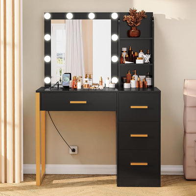 FIONESO Makeup Vanity Desk with Mirror & Lights, Vanity Desk with 4 Drawers & Charging Station, Dressing Vanity Table with Open Storage Shelves, 3 Color Modes, Vanity Table for Bedroom, Black