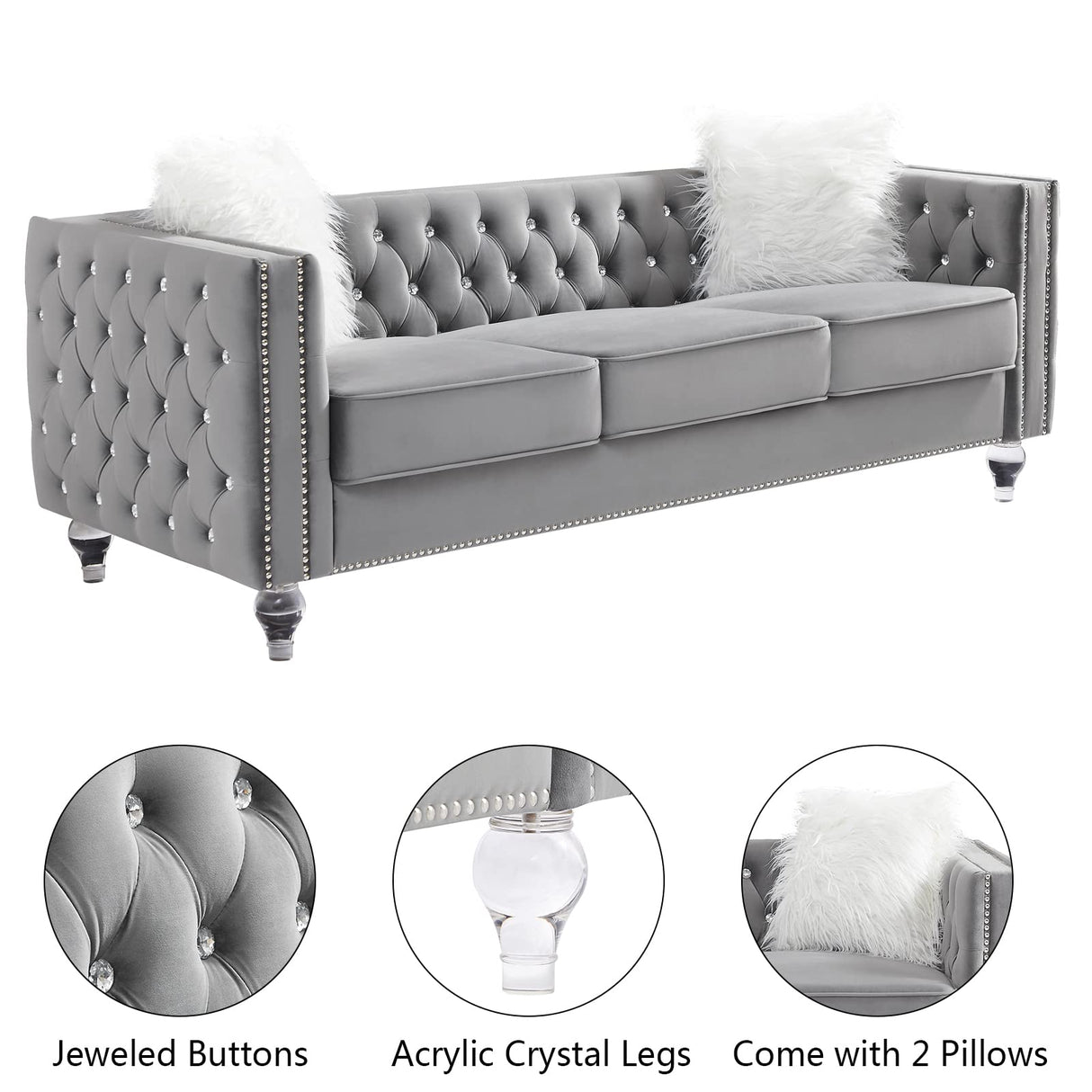 mikibama Velvet 3 Seater Sofa Couch with Buttons and Square Arms 83.07 Inch Tufted 3-seat Sofas with Trimmed Nailhead and Acrylic Legs Modern Couches for Living Room,Bedroom(Grey-Crystal Legs, Sofa) mikibama