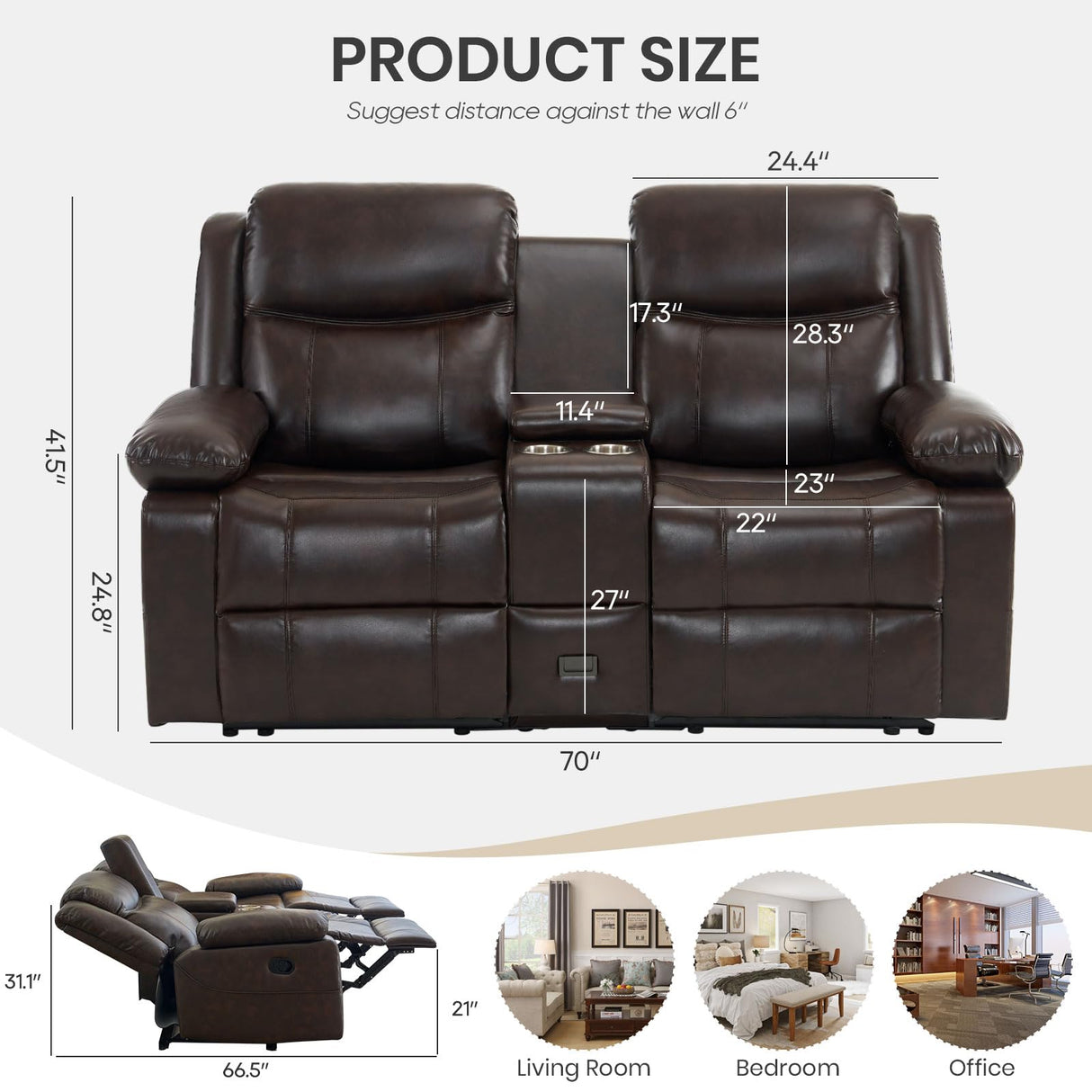 P.H.Furn Recliner Sofa, Reclining Loveseat Sofa with Massage & Heat, Reclining Couch with Side Pockets, Extra Storage, Cup Holders for Living Room P.H.Furn