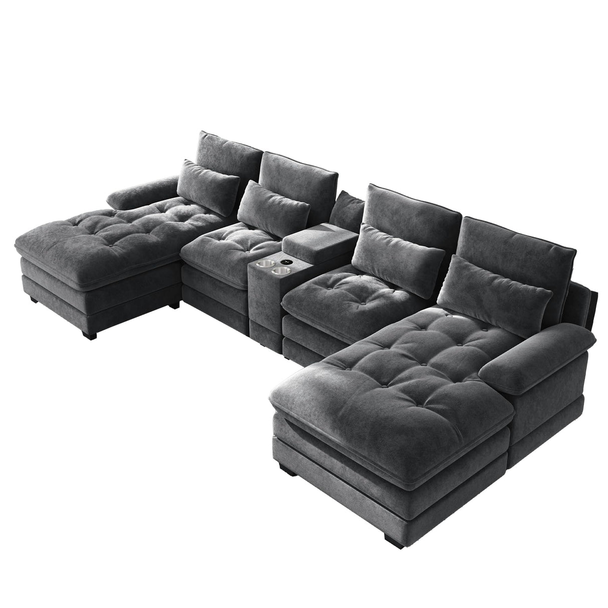 OUYESSIR 134" U Shaped Sectional Cloud Couch,Tufted Couch with Chaise Lounge,Fluffy Grey Sectional Couches for Living Room,Comfy Chenille Modular Sofa with Central Console & USB Port OUYESSIR