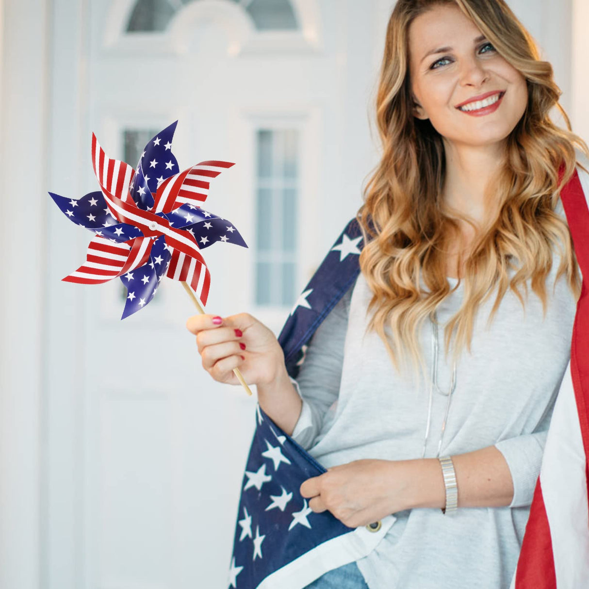 Wind Spinners Outdoor, 12Pcs American Flag Patriotic Pinwheels Red White and Blue Decorations, Garden Wind Spinners Patriotic Outdoor Decor Windmills for Yard Garden, Party Supplies, Memorial Day HOOSUN