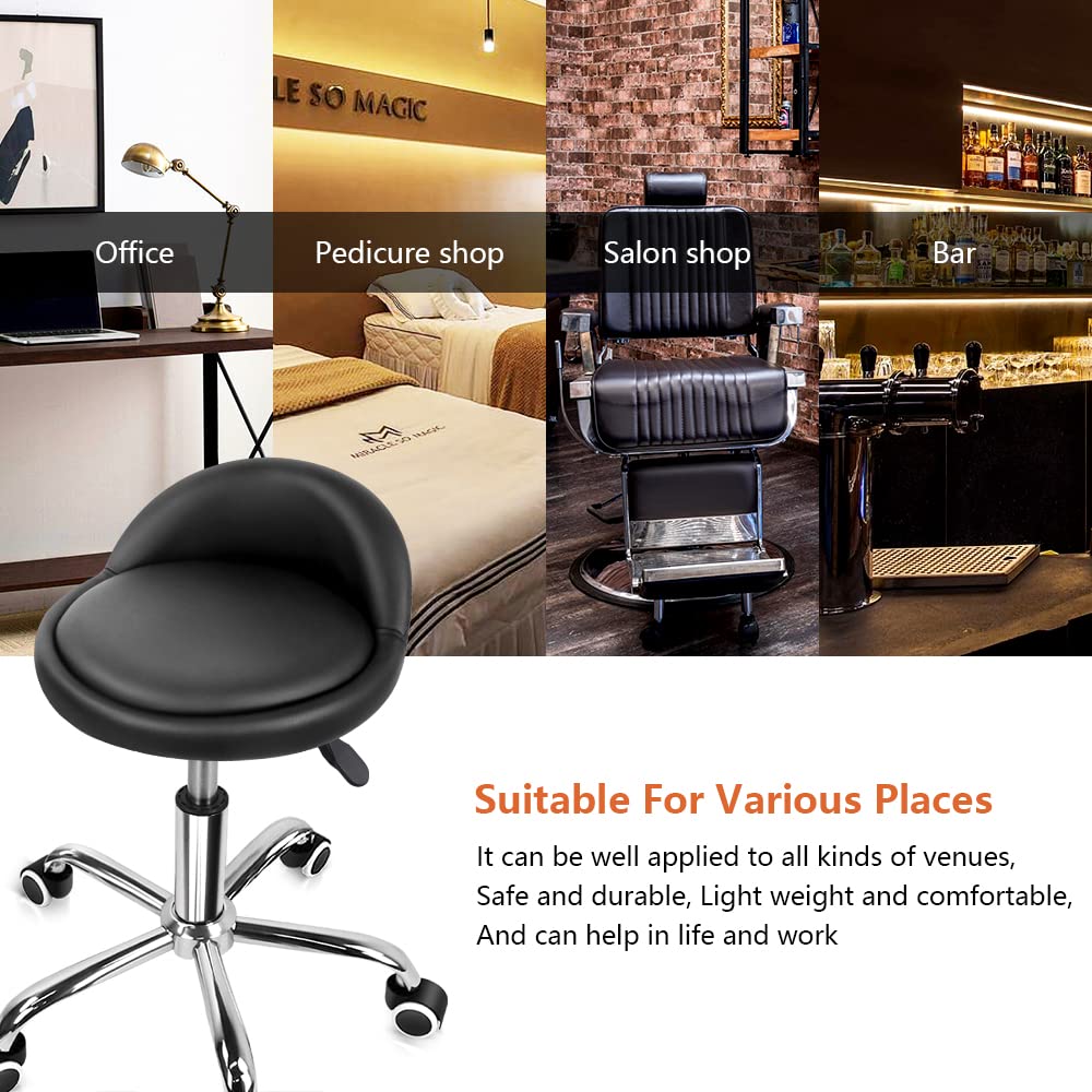 KKTONER PU Leather Round Rolling Stool with Back Rest Height Adjustable Swivel Drafting Work SPA Task Chair with Wheels Black KKTONER